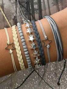 7pcs Handmade Bohemian Beaded Bracelet Set, Decorated With Star Pattern, Multi-Layer Stackable, Suitable For Festivals And Parties - Multicolor - View 1