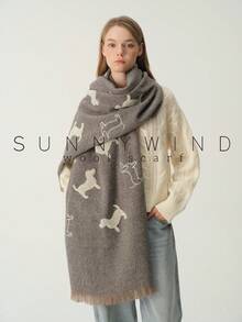 1pc Women's Dachshund Embroidered Cute Fashion Versatile Wool Scarf, Warm Essential For Autumn/Winter Daily Wear - Grey - View 6