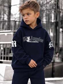 1 buah Sweatshirt Gaya Halloween Minimalis Keren Manis untuk Anak Laki-laki Remaja, Logo Kecil di Dada Depan, Cetakan Hantu Damai Jaring Laba-laba Kelelawar dengan Font Tetesan di Belakang, Sweatshirt Longgar Serbaguna untuk Pasangan di Musim Gugur/Dingin - Navy Blue - View 1