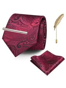 4‑Pcs Men Paisley Pattern Neck Tie Set, Jacquard Woven Necktie, Pocket Square, Tie Clip, Feather Lapel Pin For Wedding Business Formal Occasion - Multicolor - View 9