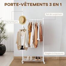 Perchero con ruedas, estante para zapatos y 5 ganchos, 68 x 43 x 171 cm, blanco - Multicolor - Ver 6