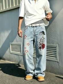 Streetwear Retro Fashion Versatile Distressed Studded Design Skull & Rose Print Loose Straight Wide Leg Casual Denim Jeans - Light Wash - View 1