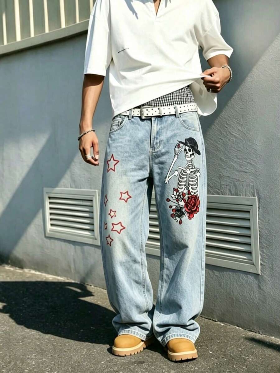 Streetwear Retro Fashion Versatile Distressed Studded Design Skull & Rose Print Loose Straight Wide Leg Casual Denim Jeans - Light Wash - View 1
