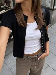 女款新款亮紅色短袖圓領單排扣修身針織毛衣 - 黑色 - 查看 2