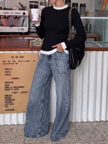 Autumn New Colorblock Round Neck 2 In 1 Wool Knit Sweater, Slim Fit Flattering Inner Layer Base Sweater - Black - View 6