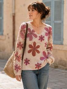 Elegant Floral Print V-Neck Long Sleeve Sweater, Versatile For Spring, Summer, Autumn, Winter, Bohemian Style, Travel Fall - Purple - View 1