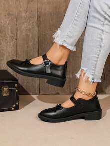 Women's Bow Mary Jane Shoes, Single Strap Buckle Low Chunky Heel, Preppy Vintage Shoes - Black - View 2