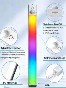 3pcs Human Body Sensing RGB LED Atmosphere Light Bar, Magnetic Rechargeable Color Gradient Light, Multi‑Mode Gaming Desk Closet Cabinet Bedroom Decor Night Light - RGB LED Strip Light - View 10