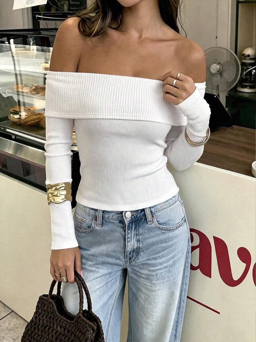 Autumn/Winter Knitted Ribbed Brushed Patchwork Thick Ribbed Slim Fit Fashion Elegant Long Sleeve Tight Outerwear Top White