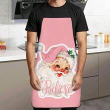 1pc Vintage Pink Santa Claus Print Apron, Santa Claus Wearing Pink Christmas Hat With Holly Berry Accents, Sweet Fresh Vintage Style, Durable Cooking Apron Suitable For Bakers, Cake Decorators, BBQ Enthusiasts, Gardeners, Painters, Nail Artists, Etc. - Perfect Gift For Home And Professional Chefs - Multicolor - View 4