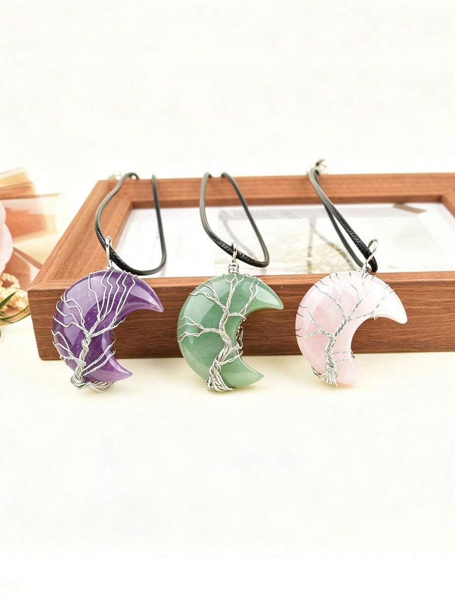 Natural Crystal Moon Tree Of Life Pendant, Healing Crystal Stone Necklace, Meditation Healing Natural Crescent Moon Pendant