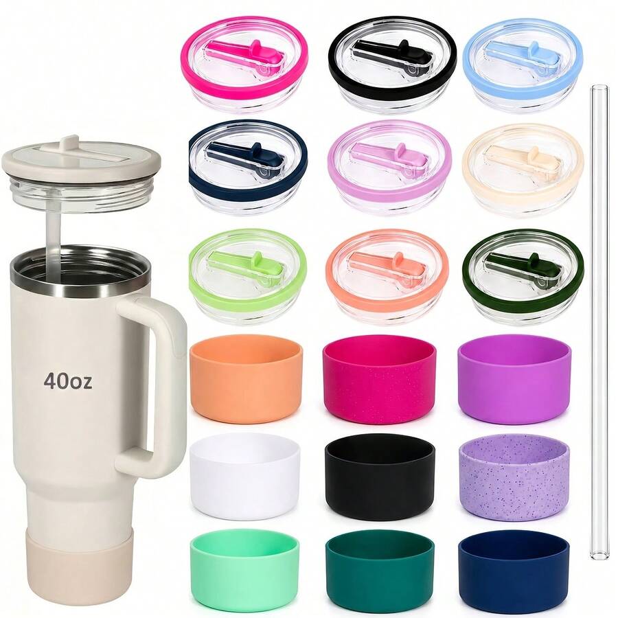 3-Piece Water Bottle Accessory Set, Fits 40oz Cups - Leak-Proof Flip Straw Lid, Silicone Bottom Protector, Reusable Straw, Non-Slip, Dust-Proof, Fits 40oz Cups - Black - View 1