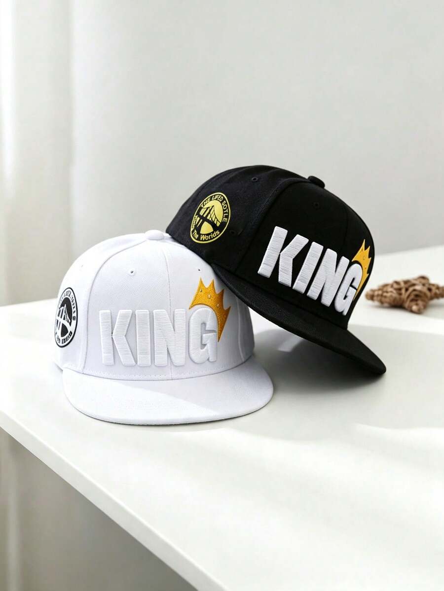 2件裝刺繡 KING 王冠平帽簷棒球帽,可調節防曬休閒帽,適合男孩女孩,適用春/秋季旅行、海灘度假、戶外活動 - 黑色+白色 - 查看 1