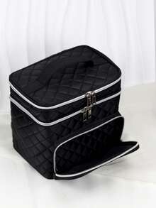 Large Capacity Quilted Makeup Bag With Handle And Zipper - Multi-Functional Double Layer Travel Cosmetic Organizer, Black Fabric With Embroidered Woven Pattern And Silver Zipper, Large Size Makeup Bag, Compartmentalized Storage, Convenient And Tidy - Black - View 2