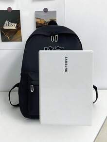 1 pieza Mochila de moda de unicolor para hombres, mochila versátil de gran capacidad para uso casual, desplazamientos y estudiantes, para hombres y mujeres - Negro - Ver 2