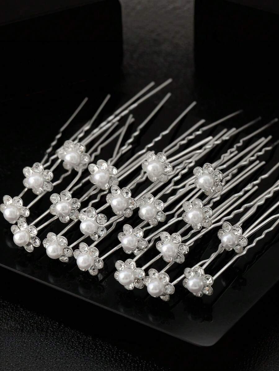20/10 Pcs Set Fashion Wedding Bride Faux Pearl Flower Crystal Rhinestone Hair Clip Bridesmaid Headpiece Hairpin Bridal Hair Fork Hair Comb - Silver - View 1