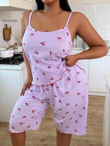 Plus Size Cherry Print Milk Silk Camisole & Long Pants Pajama Set For Women - Lilac Purple - View 4