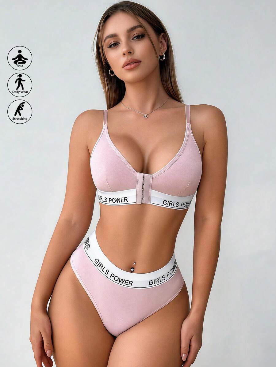 Runway Rest Front Close Wireless Letter Graphic Bra Sets For Women