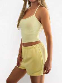 GLAMSKIN Women's Summer/Autumn Basic 2 Pieces Set, Spaghetti Strap Tank Top And Drawstring Shorts Yellow Elegant - Yellow - View 8
