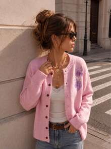 Pink Cardigan For Women, Soft Knitted Sweater Button Up Long Sleeve Casual Fall Winter Top With Floral Detail - Light Pink - View 4