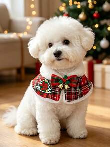 1pc Pet Christmas Cape Collar, Plaid Dog Shawl With Bow And Bell, Christmas Holiday Costume Accessory, Soft Fleece Trim Neck Decor, Suitable For Small Dogs And Cats, Holiday Party Photo Prop Gift - Multicolor - View 2