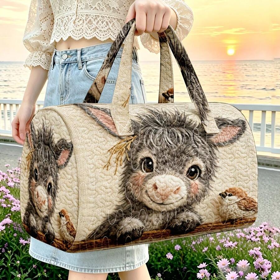 1pc Beige Quilted Cylindrical Handbag With Small Donkey Sparrow Pattern, Rural Farm Gift, Thanksgiving Rural Farm Decoration Series, Thanksgiving Gift - Multicolor - View 1