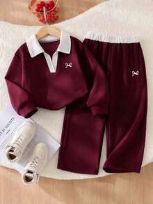 Young Girl Cartoon Bow Print White Collar Pullover Warm Sweatshirt And Pants Set - Burgundy - View 2