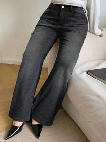 Plus Size Straight Leg Wide Leg Women's Jeans Solid Color Denim Washed Denim Wide Leg Straight Leg Jeans Daily All Season - Black - View 4