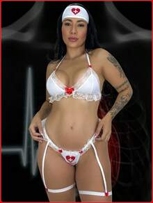 Fantasia Enfermeira com Viseira Sutiã Tanga e Cinta Liga Renda Luxo Lingerie Sexy - Branco - Visão 1