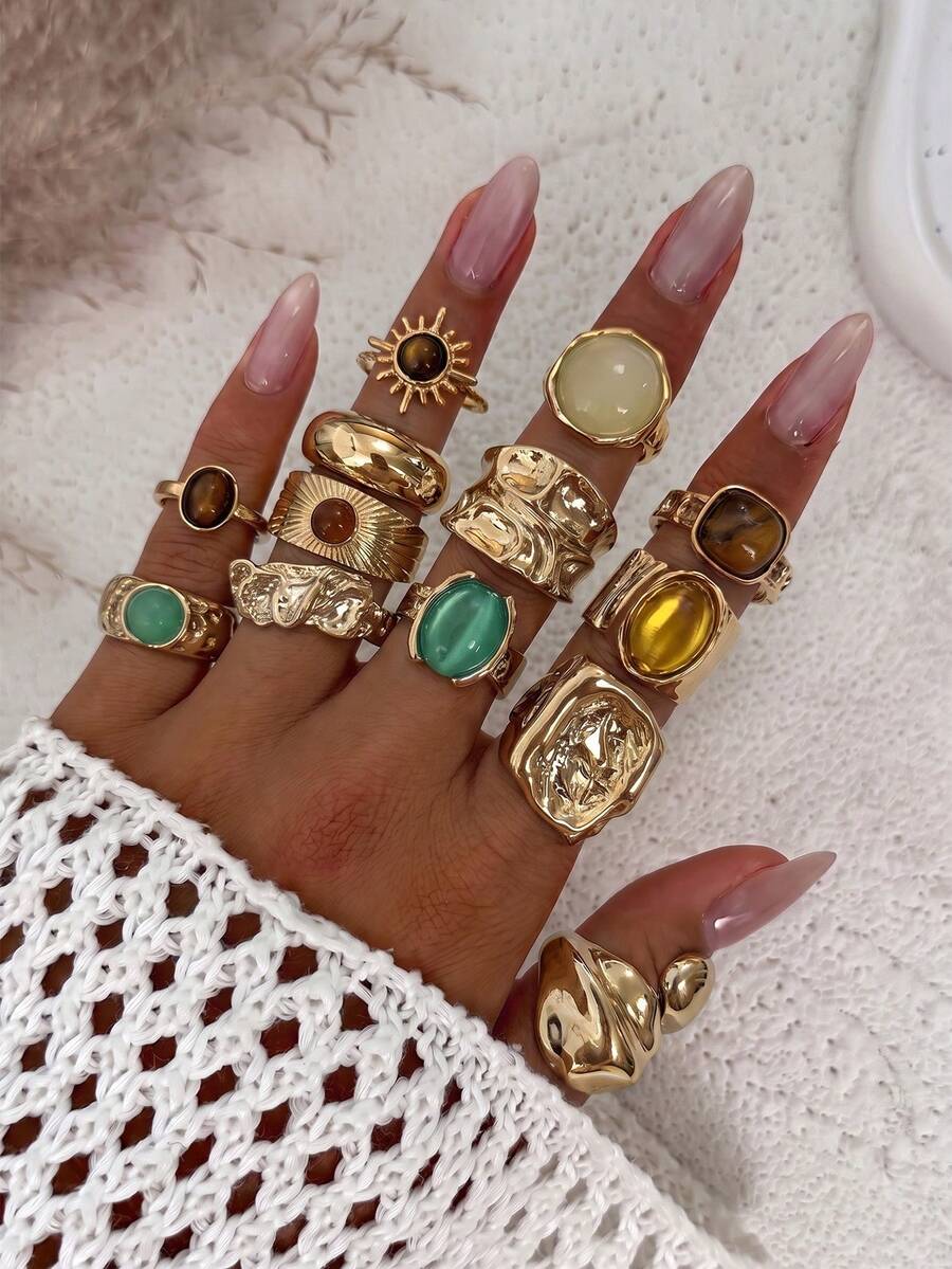 13pcs Sun Lava Liquid Metal Asymmetrical Flowing Or Hammered Texture Vintage Bohemian Style Maximalist Multi-Size Ring Set, Suitable For Parties, Gifts For Friends And Family, Daily Wear - Gold - View 1