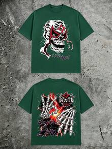Luchador Skull Mask Double‑Sided Tee, Bold Skeleton Hands Lightning Gothic Print, 180g Pure Cotton Casual Short Sleeve Top For Men - 綠色1 - 查看 10
