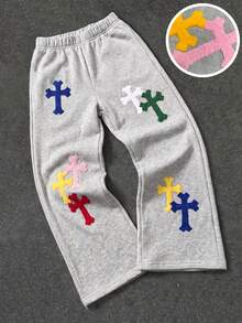 1pc Tween Boys Casual American Street Style Cross Colorful Embroidered Fashion Design Elastic Waist Straight Leg Long Pants, Autumn/Winter - Grey - View 1