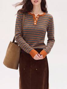 Women's Vintage Striped Half-Button Pullover Knit Sweater, Autumn/Winter - Burnt Orange - View 5