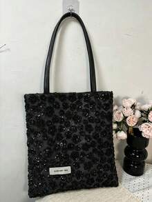 Tas Tote Gaya Korea Berkilau dengan Payet Hitam & Perak, Desain Niche, Gaya INS, Kapasitas Besar, Bahan Beludru, Cocok untuk Perjalanan, Jalan-jalan, Belanja Sehari-hari, Tas Tote Bahu Santai - Hitam - View 2