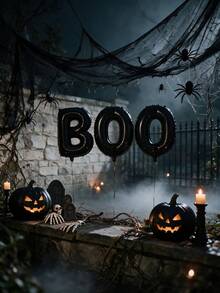 3pcs/Set 16-Inch Halloween "BOO" Letter Foil Balloons, Matte Black Foil Letter Balloon Garland, Spooky Halloween Wall Decor, Gothic Haunted House Adult Party Decorations, Home, Bar Halloween Photo Backdrop Props - Halloween BOO - View 6