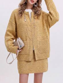 Women's New Autumn/Winter Minimalist Zip-Up Cardigan Sweater And Skirt 2 Pieces Set - Ginger - View 3