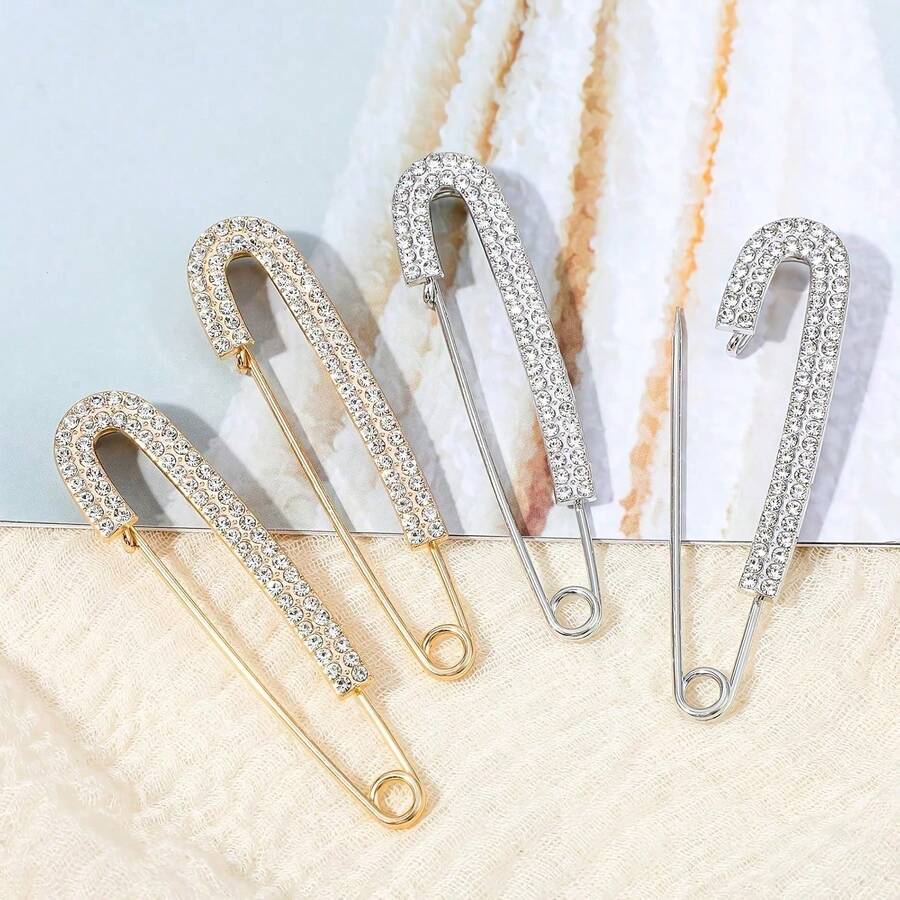 2pcs Rhinestone Brooches, Gold & Silver Two-Tone Lapel Pins For Women Girls, Decorative Badges For Sweaters Dresses Hats Jackets Bags - Silver - View 1
