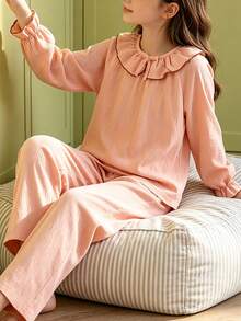 Comfortable And Cute 2 Pieces Loungewear Set Designed For Young Girls, Featuring Round Neck With Ruffle Collar And Bow Decor, Paired With Long Sleeve Top And Long Pants. Ideal For Spring, Autumn, And Winter Home Leisure Wear. - Pink - View 1