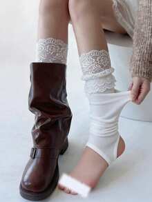 STAR RIVER Lace Trim White Stirrup Leg Warmers, Ballet Style Open Toe Leg Covers, Suitable For Daily Casual, Dating, Back To School - Multicolor - View 4