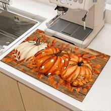 Autumn Fallen Leaves & 3 Pumpkins Pattern Print Absorbent Mat/Drying Mat/Countertop Protector For Coffee Machine, Tableware, Kitchen Countertop - Water-Absorbent Polyester With Rubber Non-Slip Backing, Decorative Placemat For Home, Bar And Dining Table - Multicolor - View 2