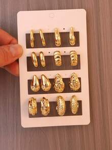 2-16pcs Fashionable Personalized Multi-Element C-Shaped Earring Set, Suitable For Daily Wear, Gatherings And Casual Occasions - Gold - View 7