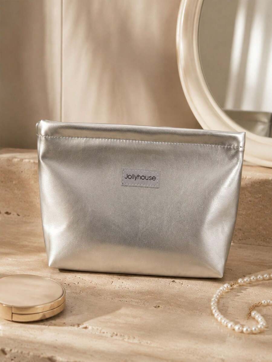 1 Pc Silver Solid Makeup Bag, Minimalist Shiny Fabric Rectangular Zipper Pouch, Portable Cosmetic Storage Bag For Travel Daily Use All Season,Wigs,Makeup Bags