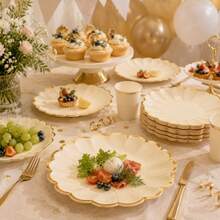 10pcs/30pcs/50pcs Beige Paper Plates With Gold Scalloped Flower Rim,9 Inch Dinner Plates & 7 Inch Dessert Plates Decorative Paper Plates For Wedding Bridal Shower Birthday Tea Party Holiday Tableware Supplies - Beige With Gold Trim - View 4