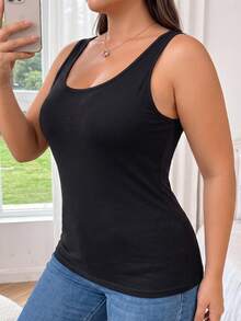 Plus Size Women's Solid Scoop Neck Tank Top With Built-In Bra Basic Padded Cami Sleeveless Casual Layering Top - Black - View 2