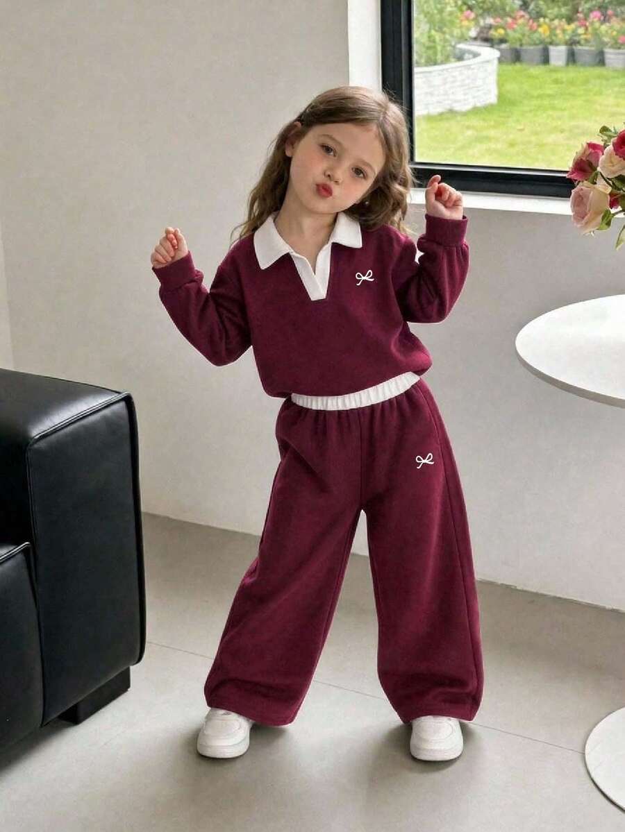 Young Girl Cartoon Bow Print White Collar Pullover Warm Sweatshirt And Pants Set - Burgundy - View 1