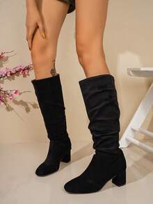 Fashionable Versatile Pointed Toe High Heel Slouchy Long Boots For Women, Autumn/Winter New Thick Heel Tall Boots Slimming Plus Size Riding Boots - Black - View 5