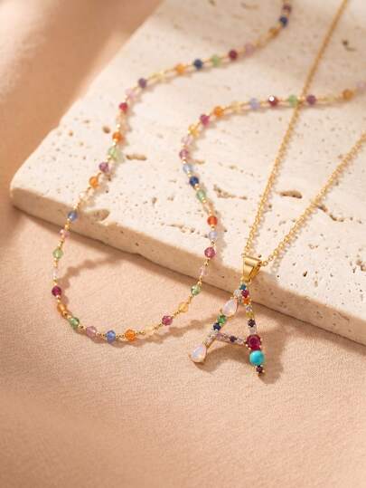 2 Pcs Double Layer Letter Pendant Necklace Set, Colorful Crystal Beaded Chain With Rhinestone Letter, Women's Daily Party Jewelry Gift