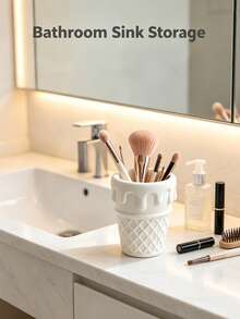 2pcs/1pc Novelty Ice‑Cream Waffle Cone Makeup Brush Holder, Resin Vanity Desktop Organizer, Cosmetic Tool Storage Cup, Also Works As Pen Cup For Home Office Dorm Bedroom Table Decor - Multicolor - View 9