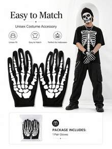 1 Pair Glow-In-The-Dark Halloween Skeleton Print Gloves, Unisex Full Finger Costume Gloves, Party Cosplay Role Play Holiday Accessory - Black - View 2