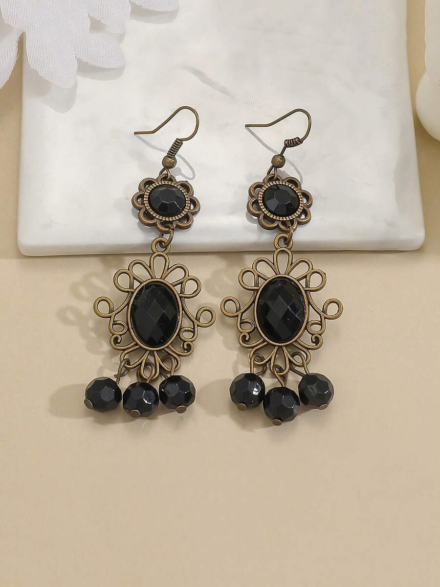 1 par de pendientes vintage exagerados de mujer con girasol negro y pequeñas cuentas negras, decoración de colgante de gargantilla gótica - Multicolor - Ver 1